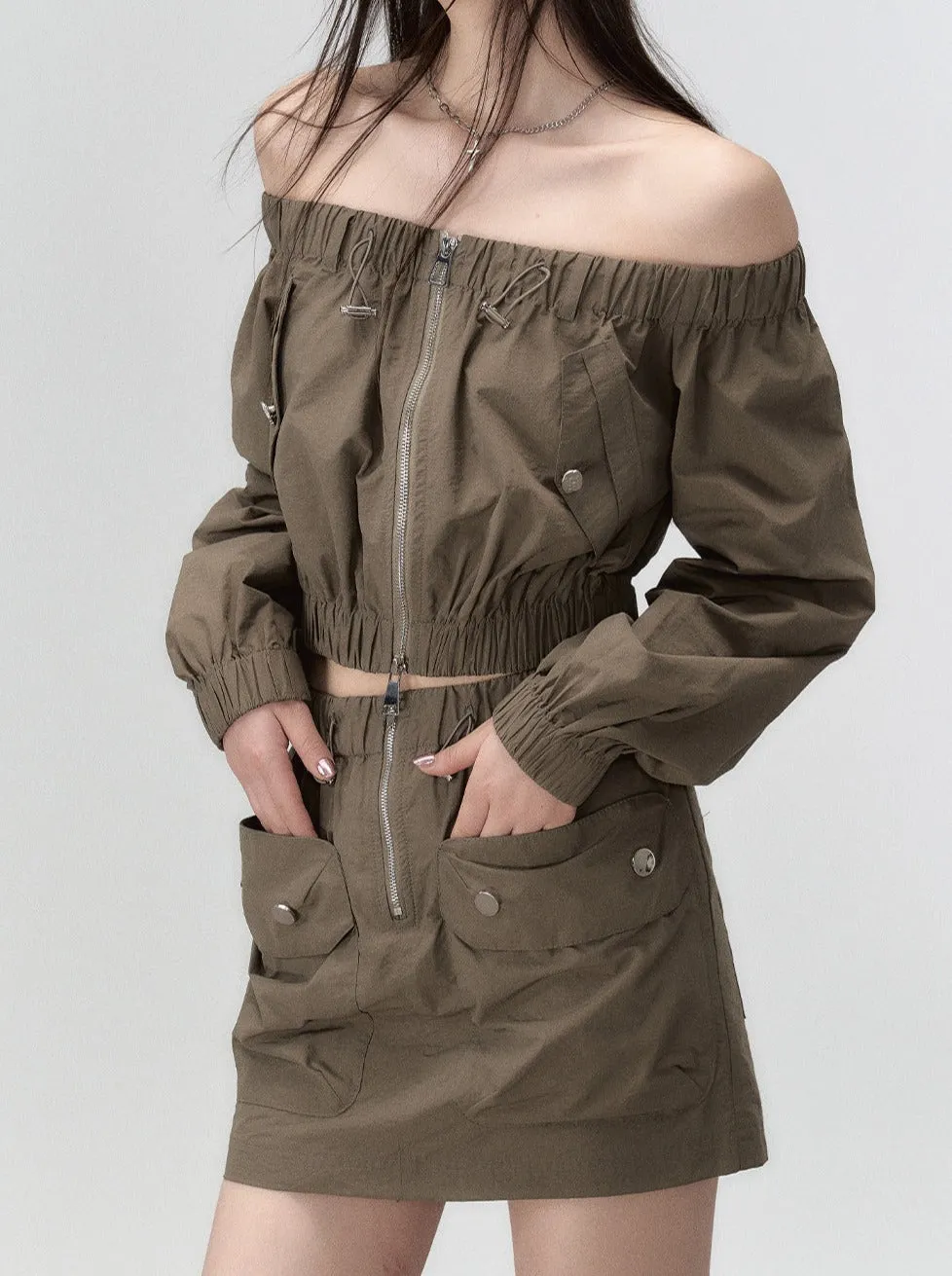 Mode Off-the-shoulder Top   Double Pocket Skirt