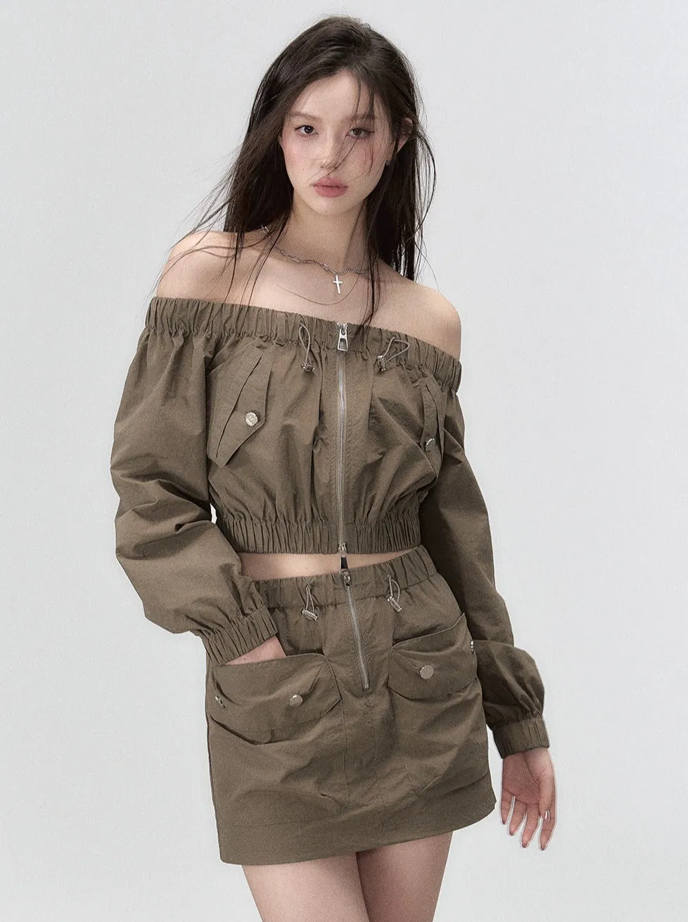 Mode Off-the-shoulder Top   Double Pocket Skirt