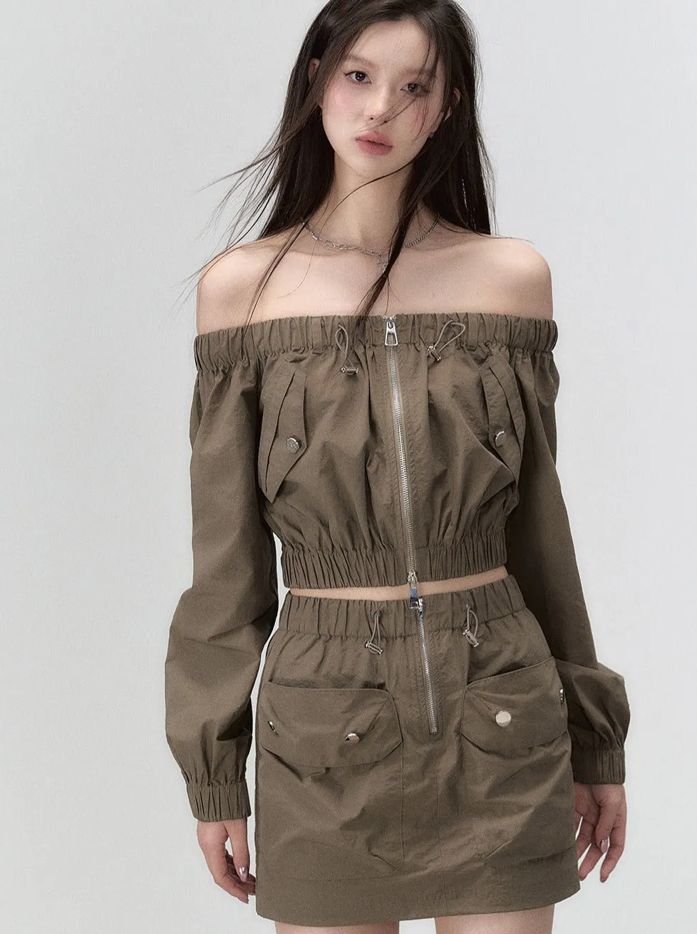 Mode Off-the-shoulder Top   Double Pocket Skirt