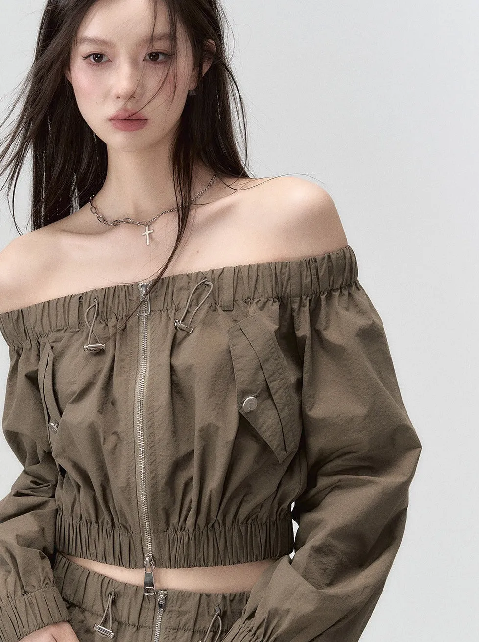Mode Off-the-shoulder Top   Double Pocket Skirt