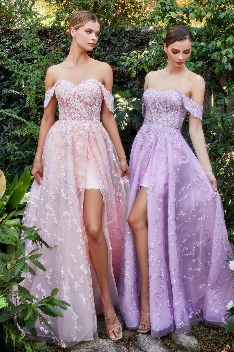 OFF SHOULDER BOUQUET LACE GOWN WITH SHORT SKIRT CDA1207