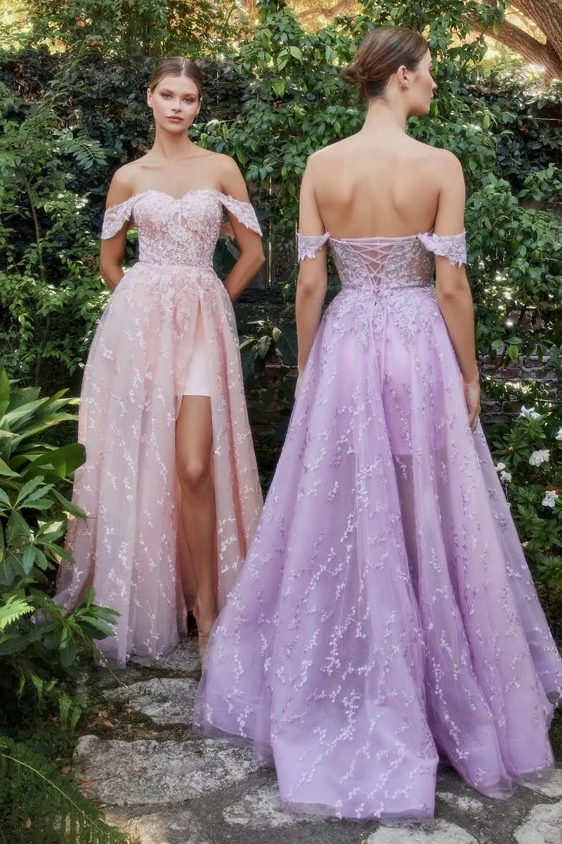 OFF SHOULDER BOUQUET LACE GOWN WITH SHORT SKIRT CDA1207