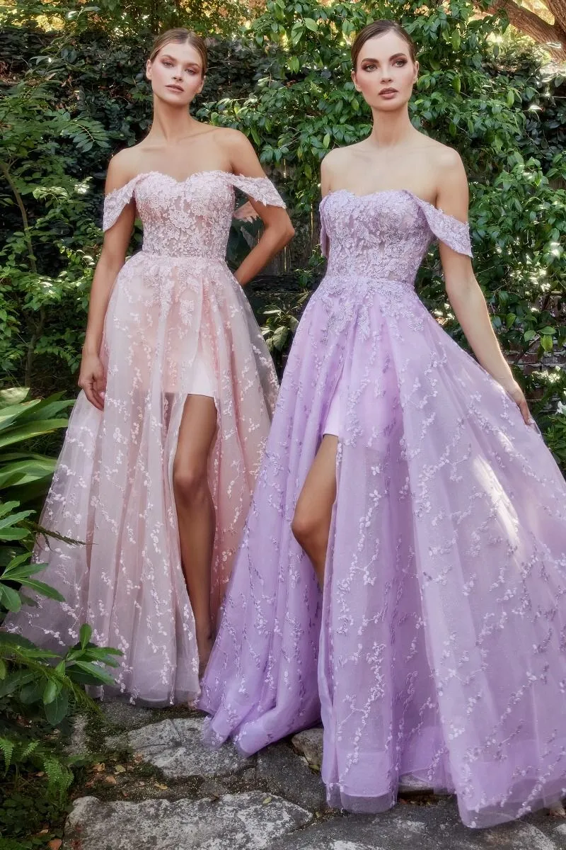 OFF SHOULDER BOUQUET LACE GOWN WITH SHORT SKIRT CDA1207