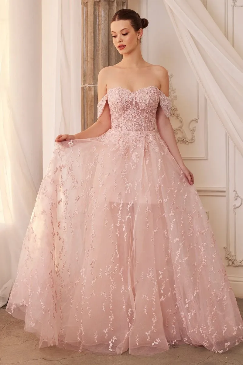 OFF SHOULDER BOUQUET LACE GOWN WITH SHORT SKIRT CDA1207