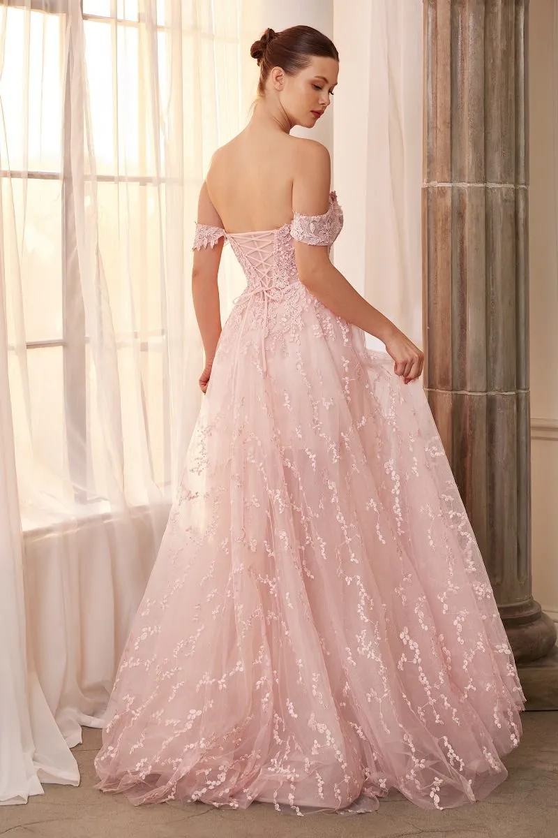 OFF SHOULDER BOUQUET LACE GOWN WITH SHORT SKIRT CDA1207