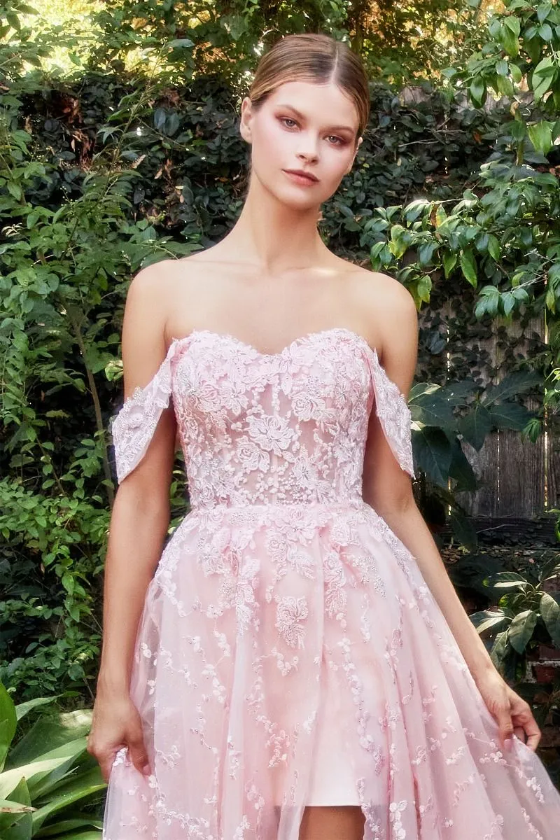 OFF SHOULDER BOUQUET LACE GOWN WITH SHORT SKIRT CDA1207