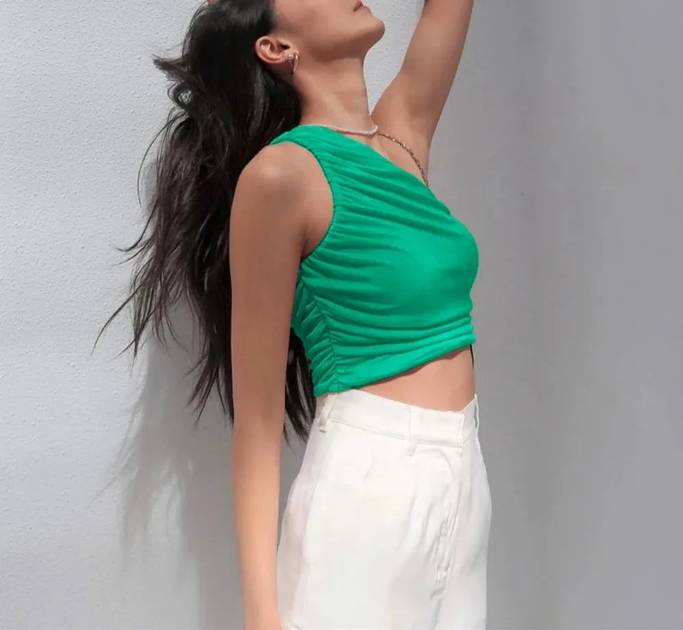 One Shoulder Crop Top Women Sexy Sleeveless Ruched Tank Top Summer White Black Blue Orange Plain Short Tanks Camis