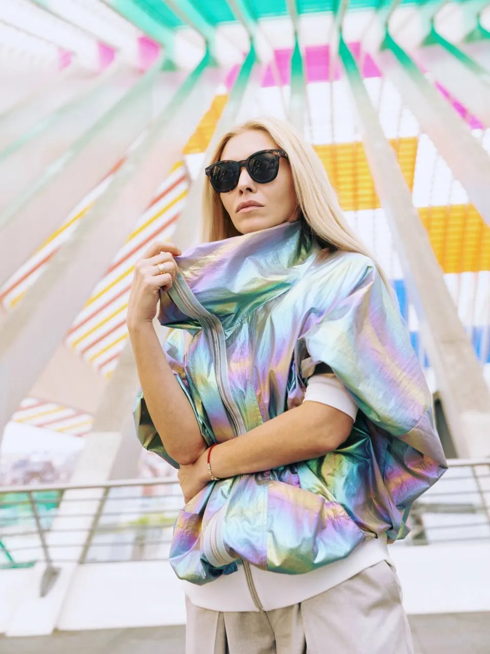 Oversized Zip-Up Bomber Jacket Multicolor