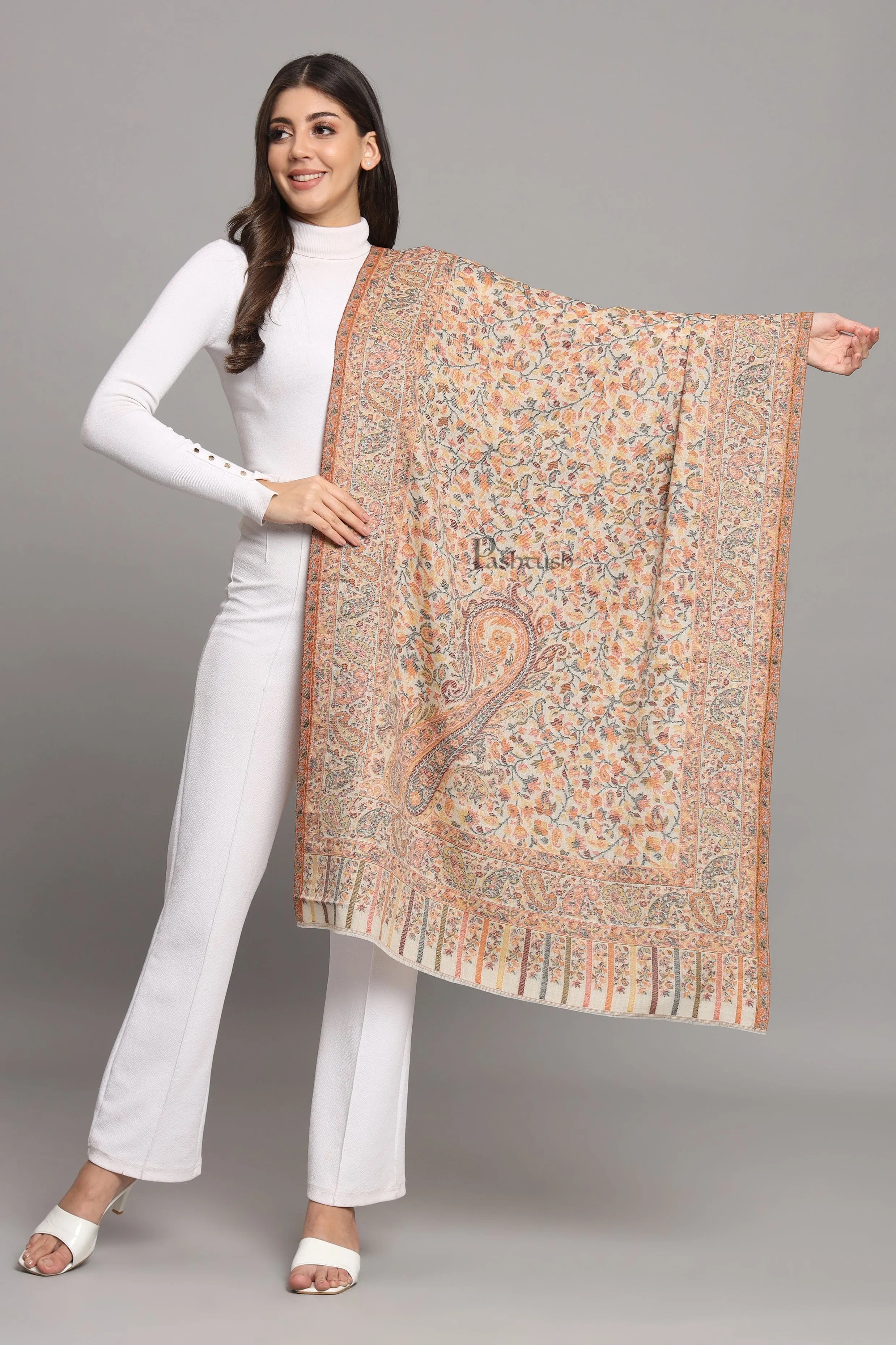 Pashtush Womens Extra Fine Wool Stole, Ethnic Weave Woven Design, Beige