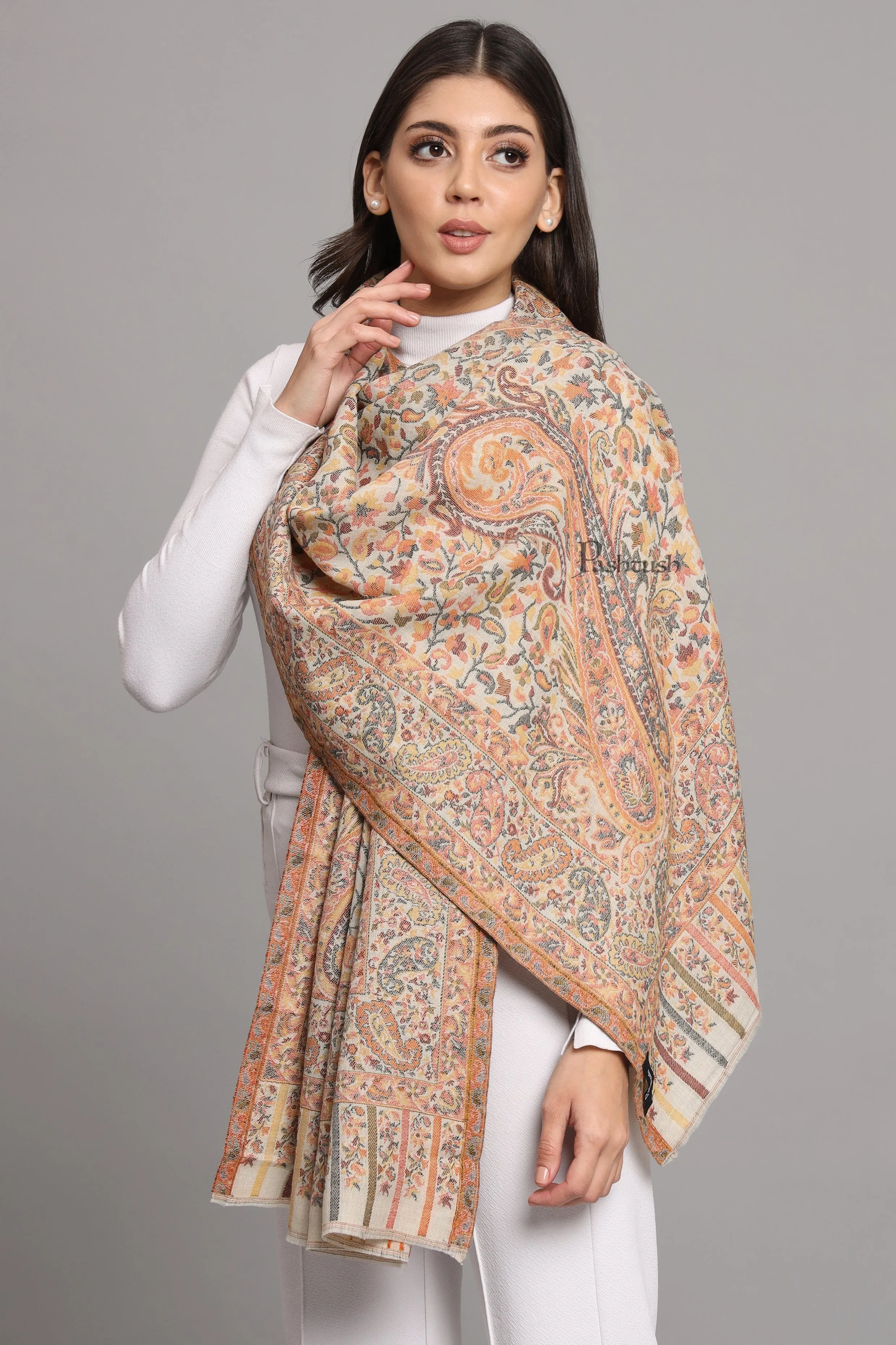 Pashtush Womens Extra Fine Wool Stole, Ethnic Weave Woven Design, Beige