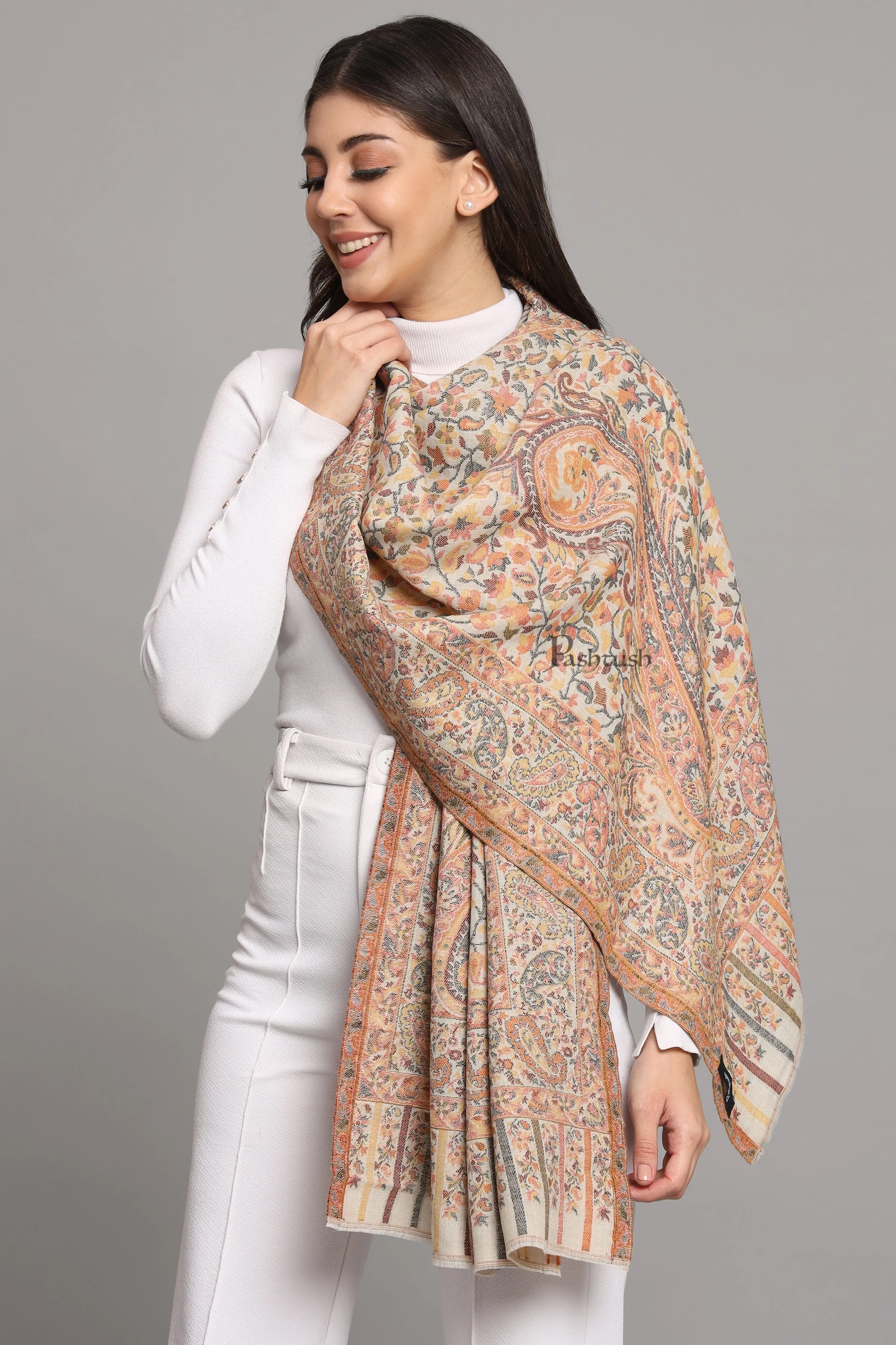 Pashtush Womens Extra Fine Wool Stole, Ethnic Weave Woven Design, Beige