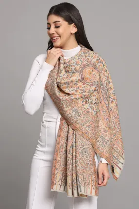 Pashtush Womens Extra Fine Wool Stole, Ethnic Weave Woven Design, Beige
