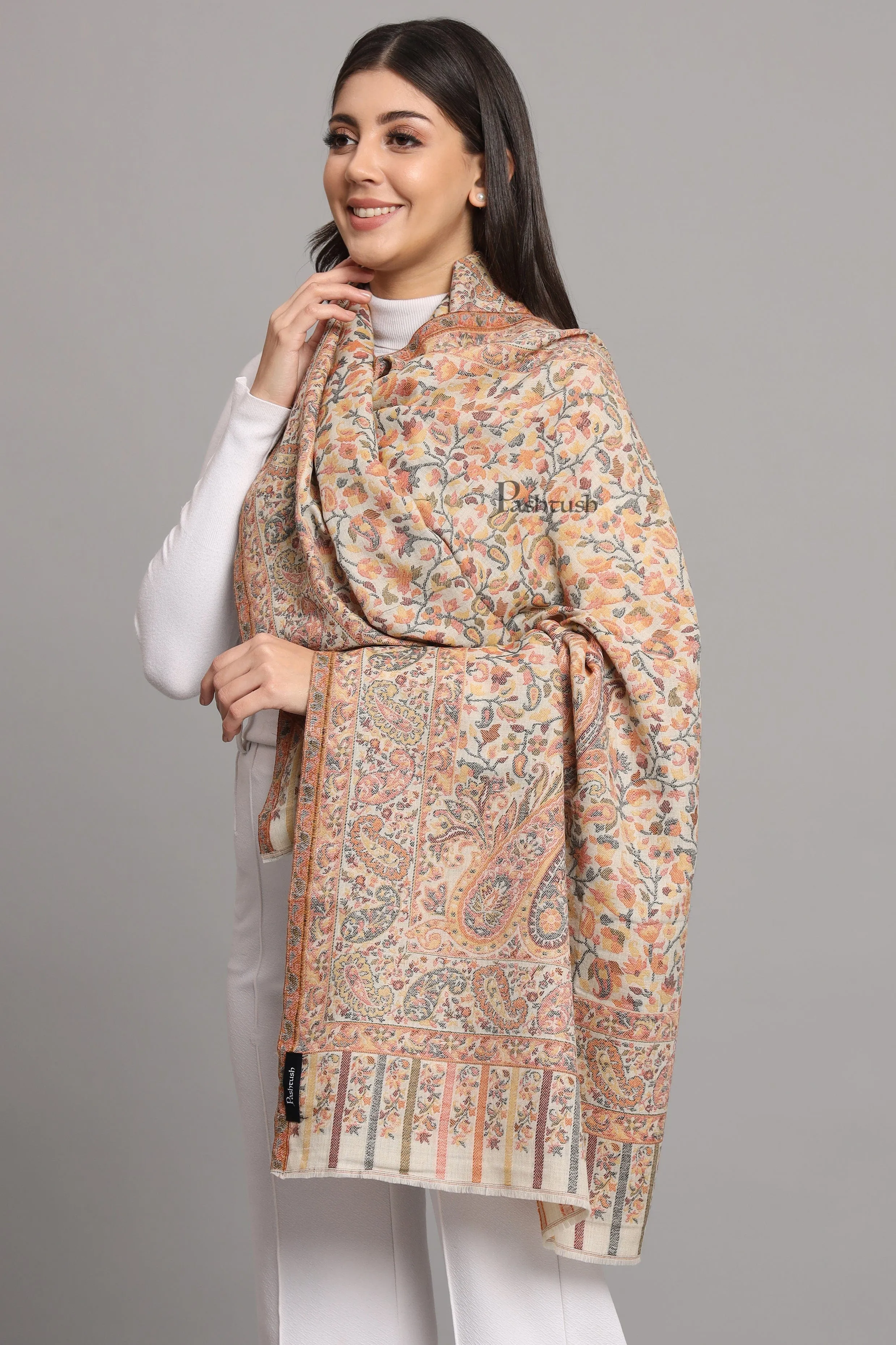 Pashtush Womens Extra Fine Wool Stole, Ethnic Weave Woven Design, Beige