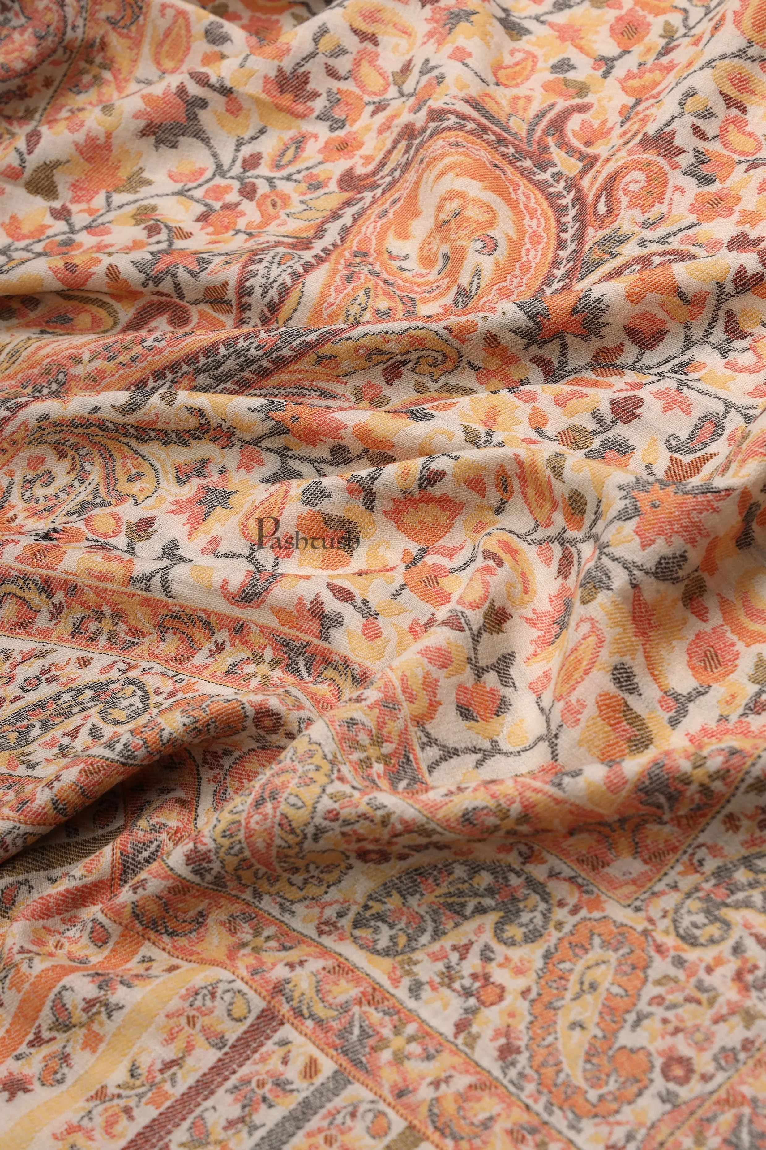 Pashtush Womens Extra Fine Wool Stole, Ethnic Weave Woven Design, Beige