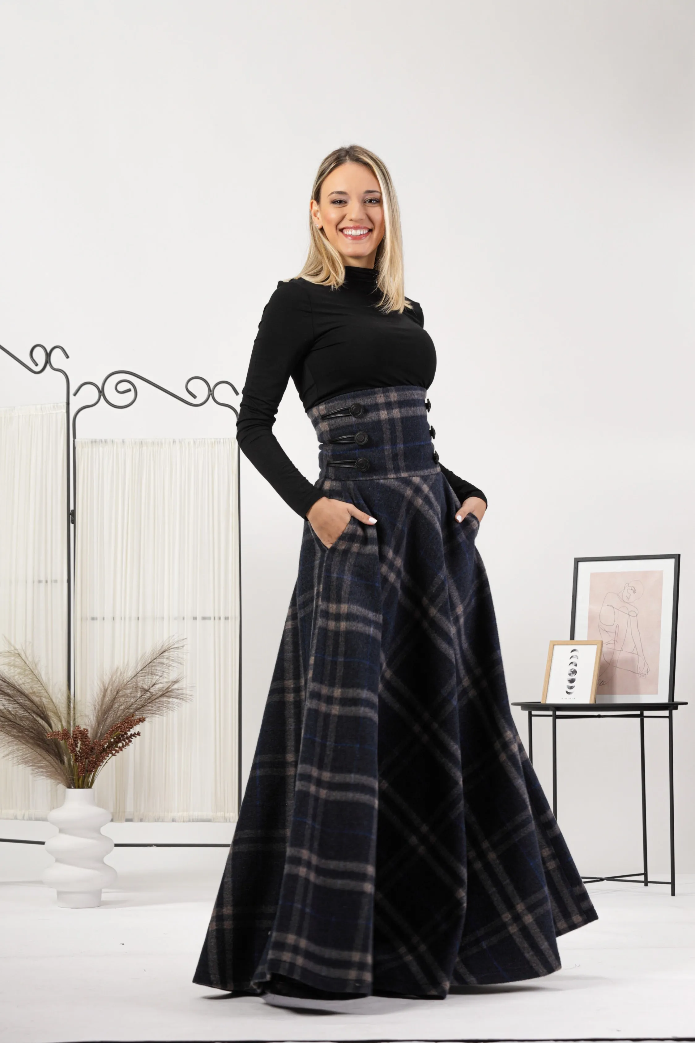 Plaid Winter Wool Maxi Skirt