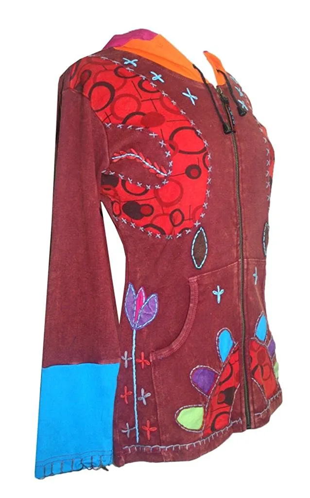 R 343 Rib Cotton Elf Hoodie Floral Embroidered Bohemian Jacket