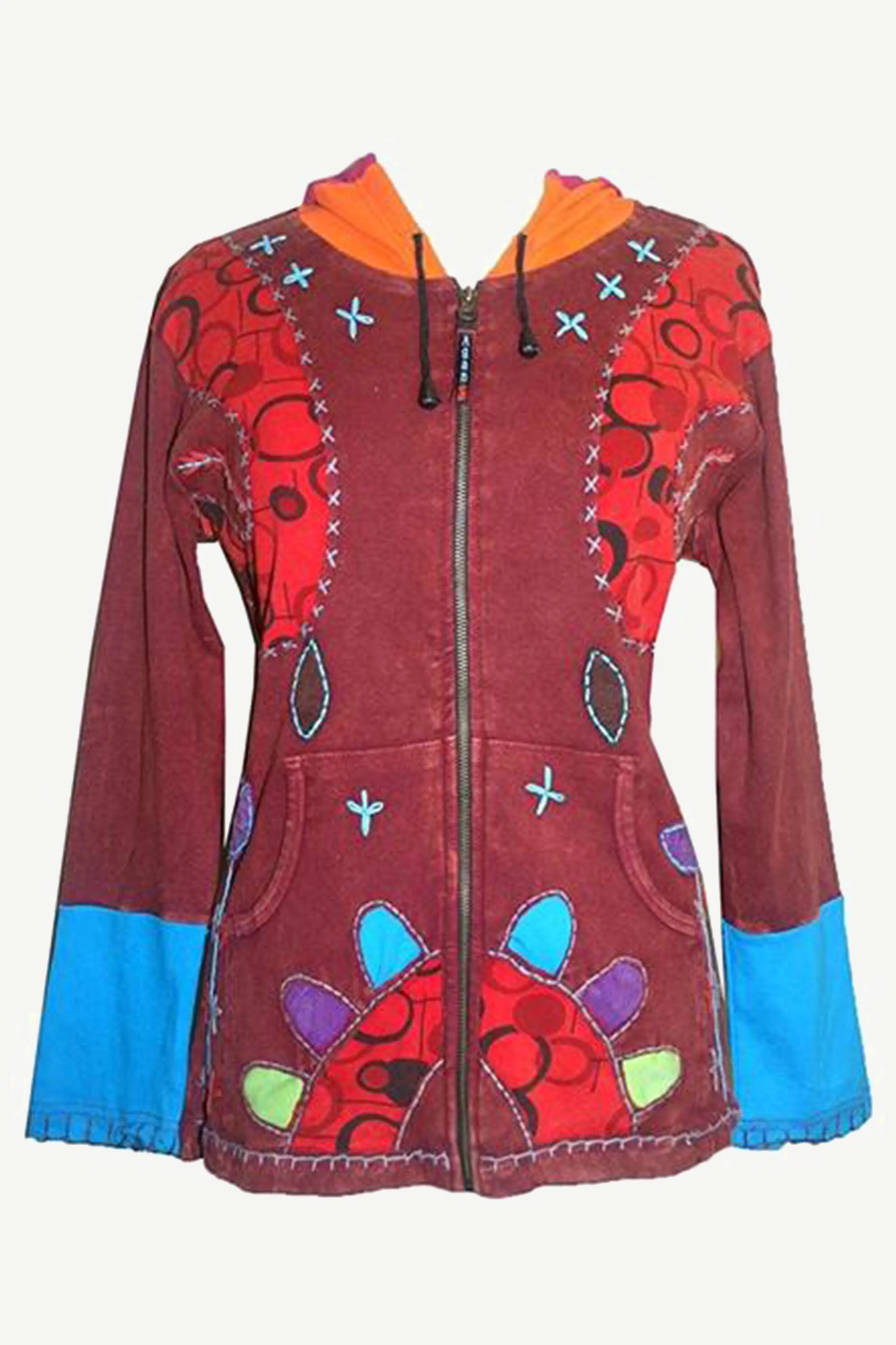 R 343 Rib Cotton Elf Hoodie Floral Embroidered Bohemian Jacket