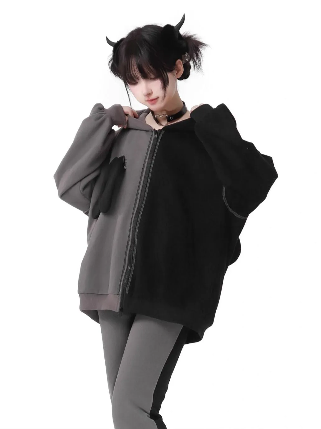 Rabbit Ear Contrast Zip Parker Pants Skirt