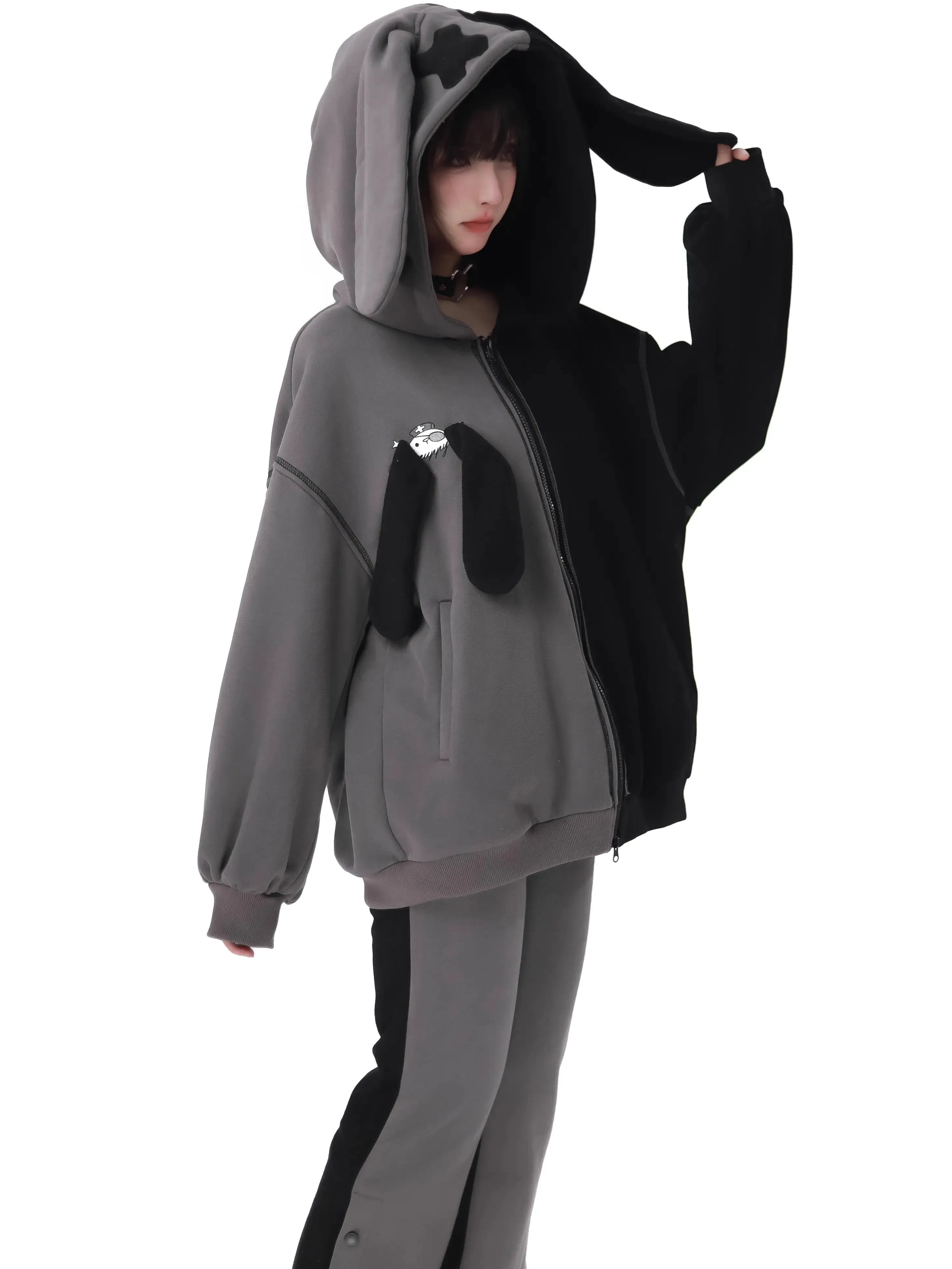 Rabbit Ear Contrast Zip Parker Pants Skirt