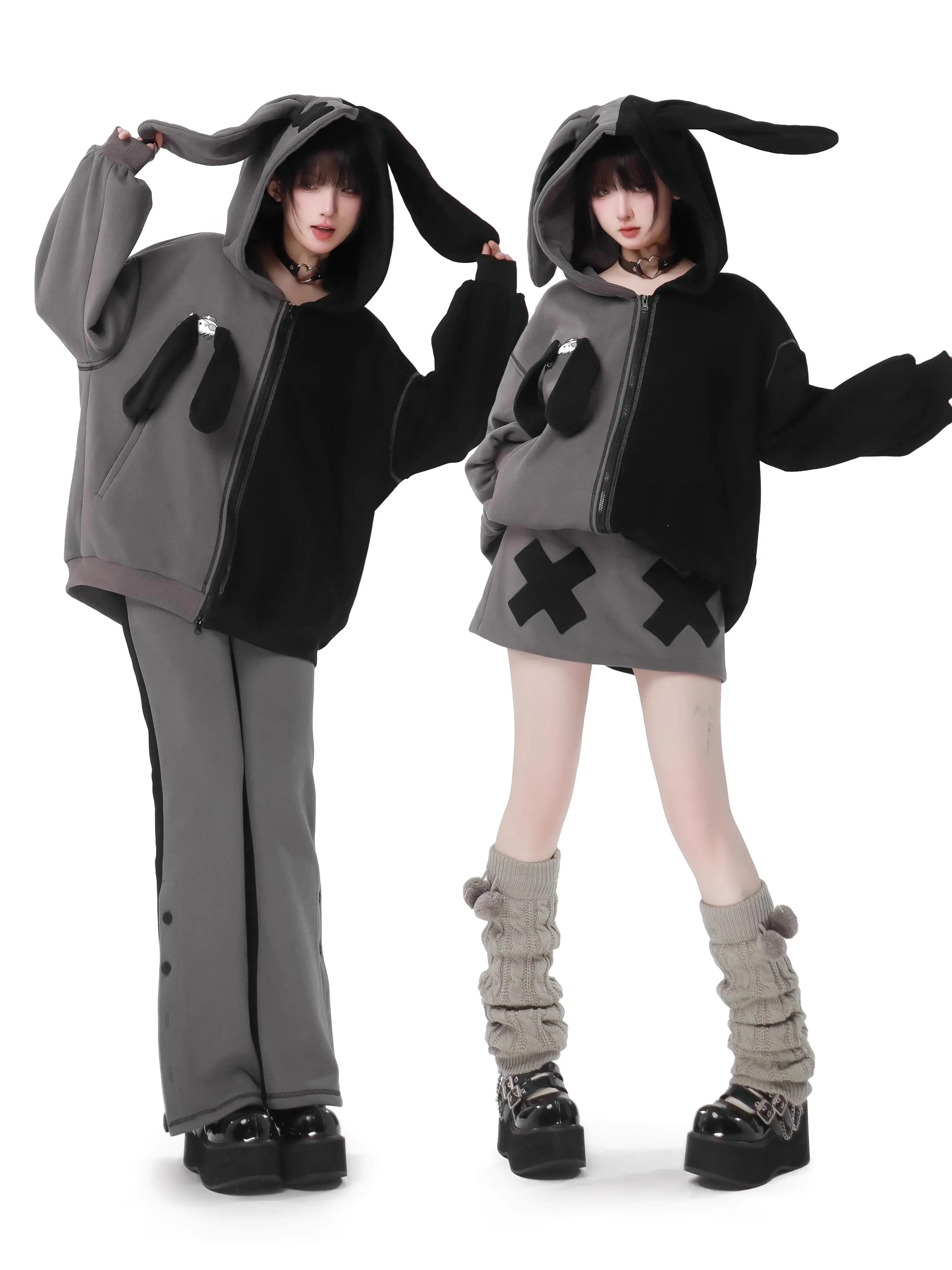 Rabbit Ear Contrast Zip Parker Pants Skirt