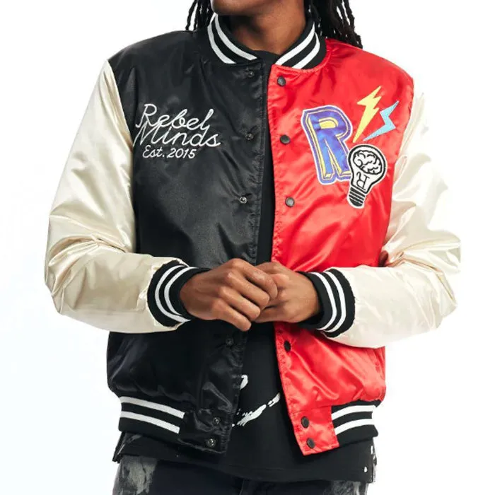 Rebel Minds Satin Varsity Jacket Black and Red