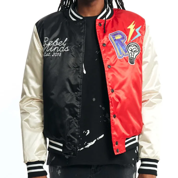 Rebel Minds Satin Varsity Jacket Black and Red