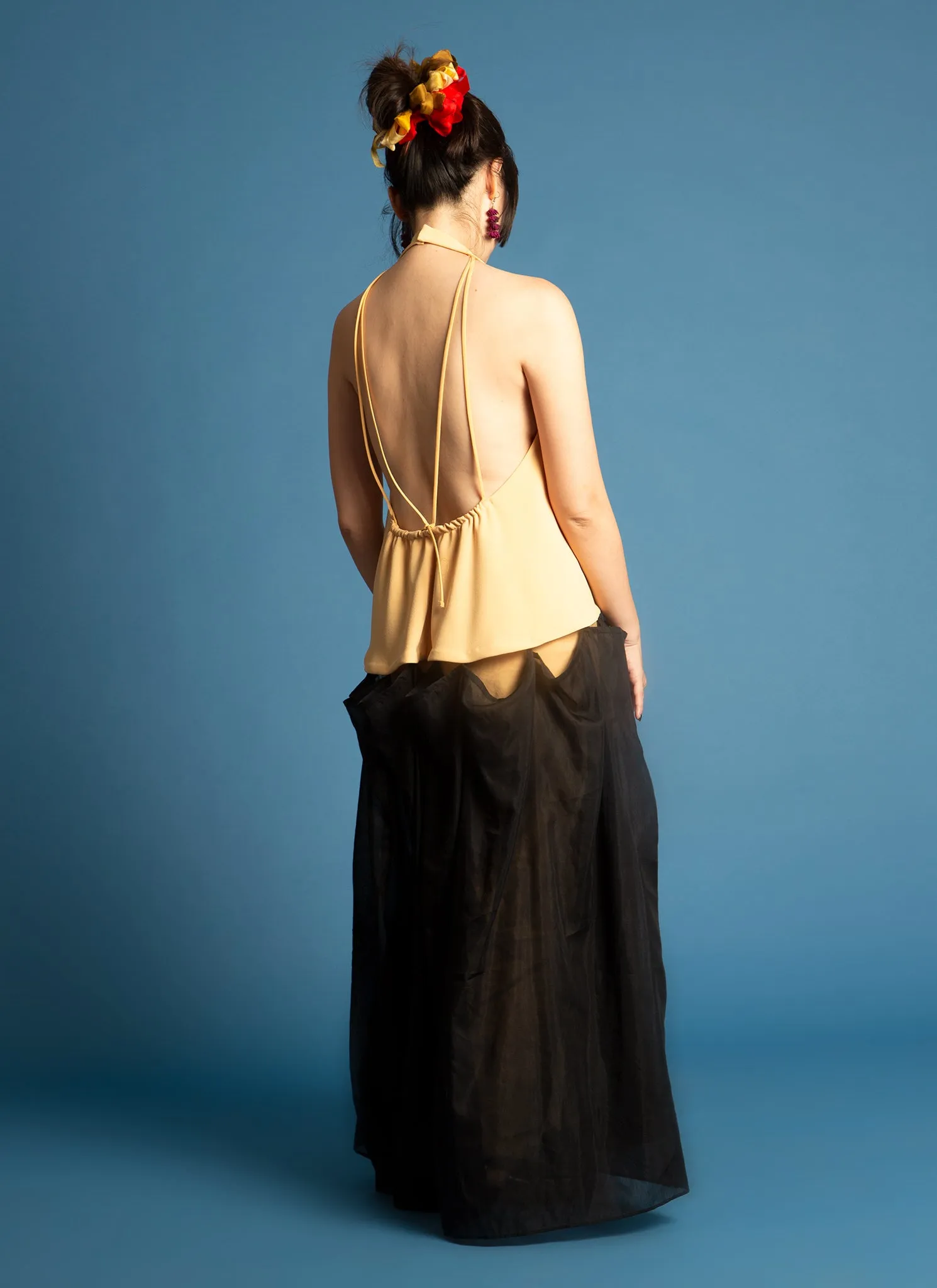 Rhythm Halter Áo Dài Two-Piece Dress in Black Blue & Yellow Combo
