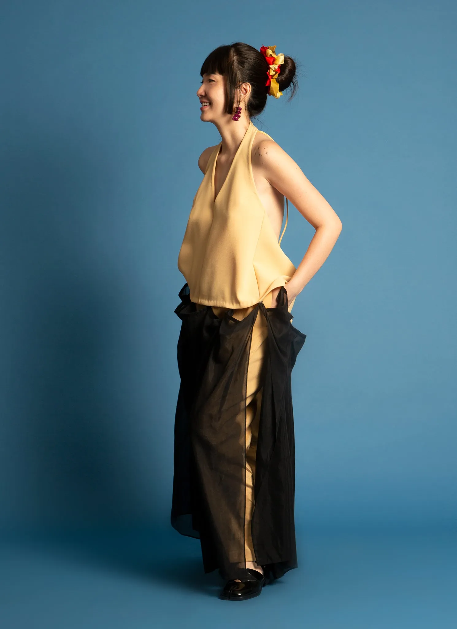 Rhythm Halter Áo Dài Two-Piece Dress in Black Blue & Yellow Combo
