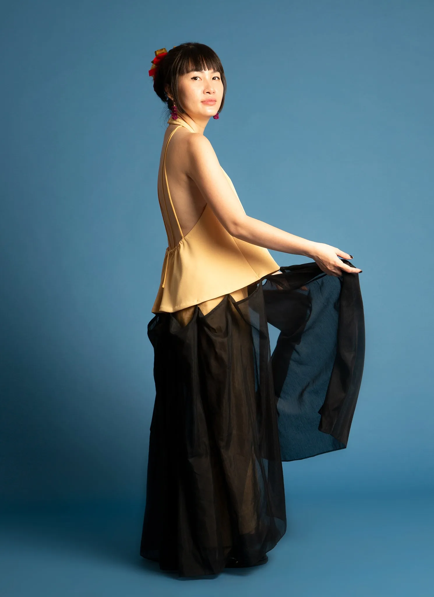 Rhythm Halter Áo Dài Two-Piece Dress in Black Blue & Yellow Combo