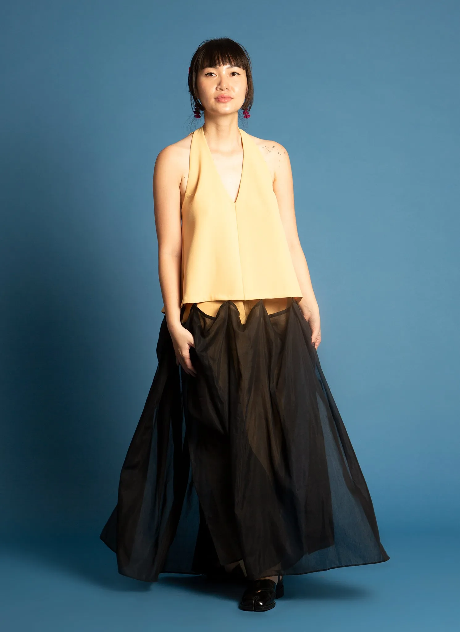 Rhythm Halter Áo Dài Two-Piece Dress in Black Blue & Yellow Combo