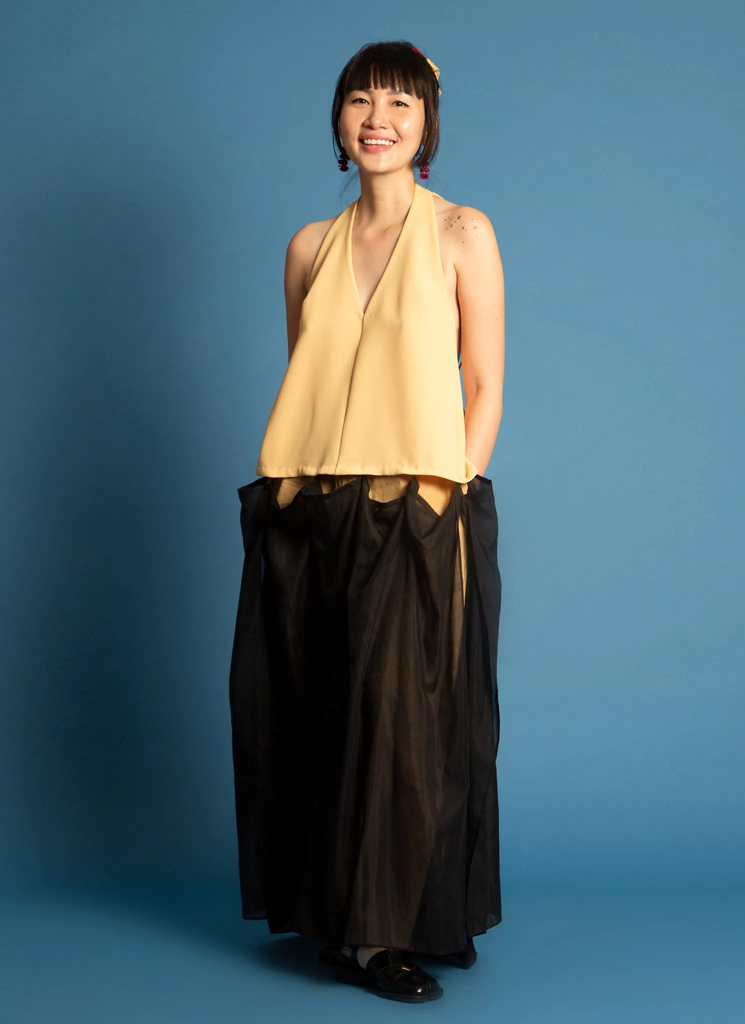 Rhythm Halter Áo Dài Two-Piece Dress in Black Blue & Yellow Combo