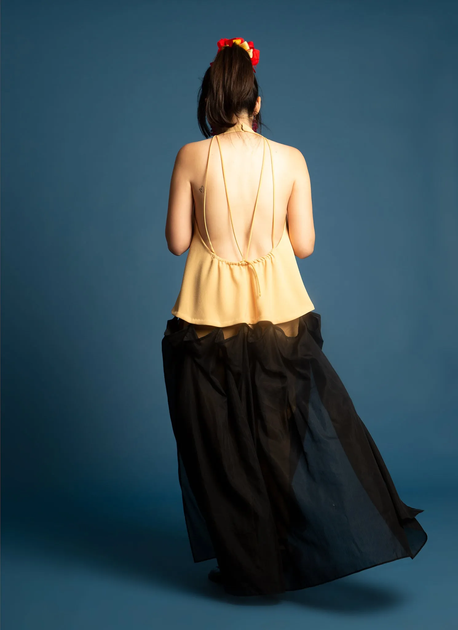 Rhythm Halter Áo Dài Two-Piece Dress in Black Blue & Yellow Combo