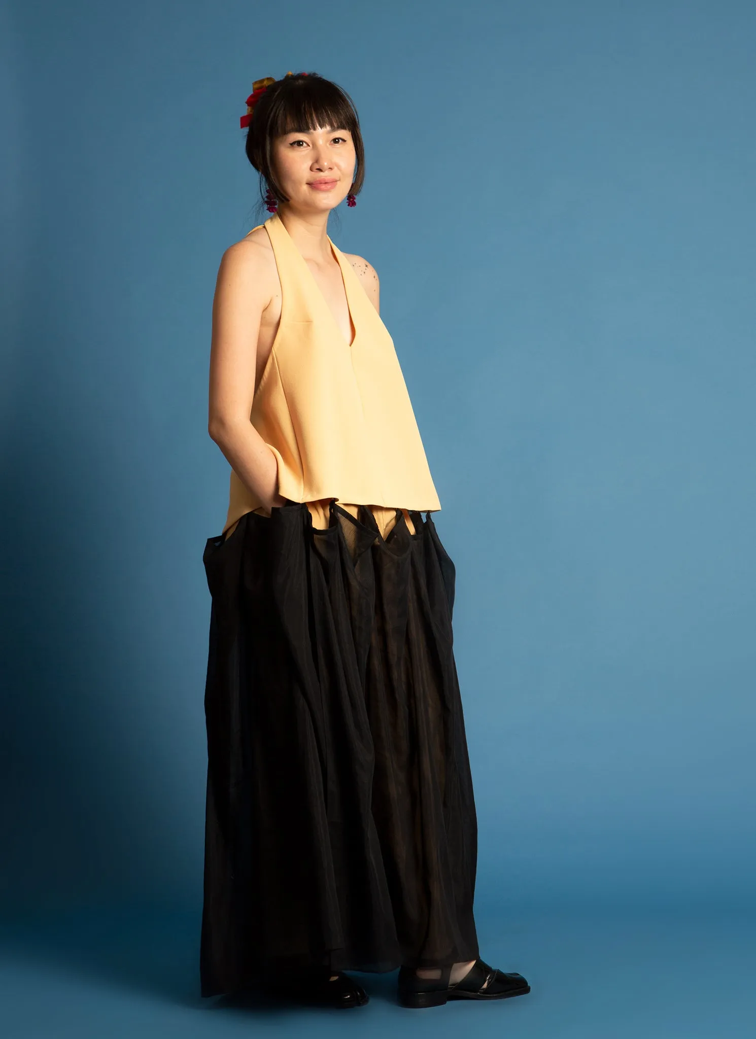 Rhythm Halter Áo Dài Two-Piece Dress in Black Blue & Yellow Combo
