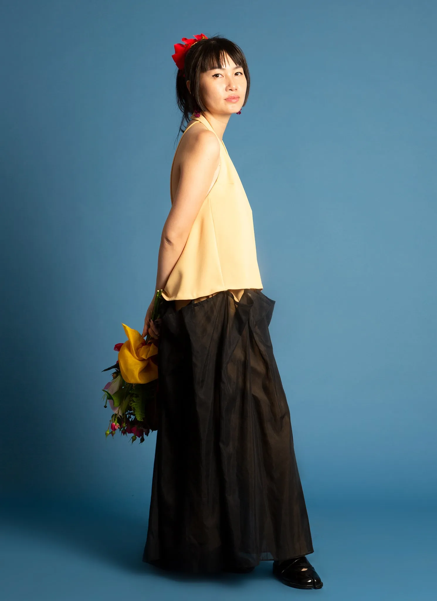 Rhythm Halter Áo Dài Two-Piece Dress in Black Blue & Yellow Combo