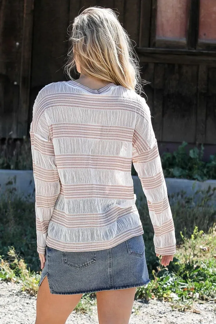 Tan Crochet Stripe Long Sleeve Semi-Sheer Top