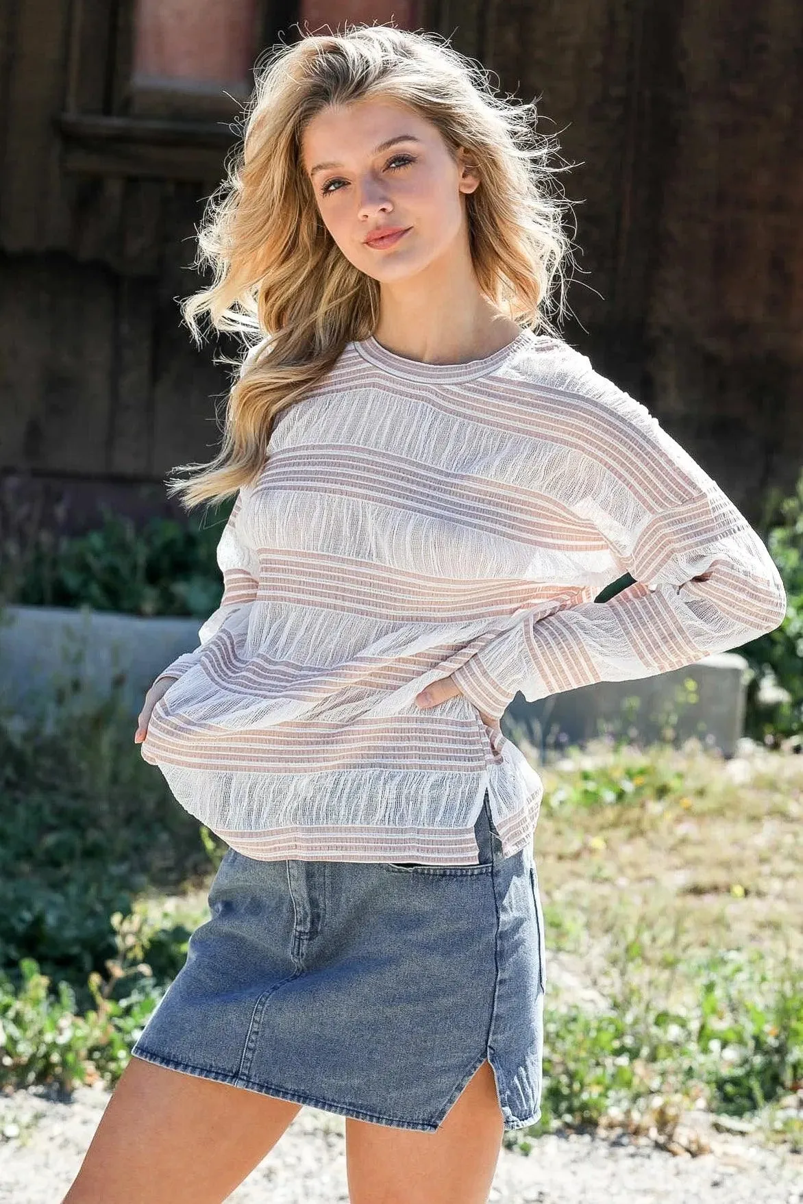 Tan Crochet Stripe Long Sleeve Semi-Sheer Top