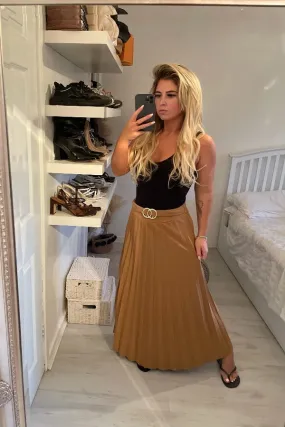 TAN PLEATED BUCKLE MAXI SKIRT