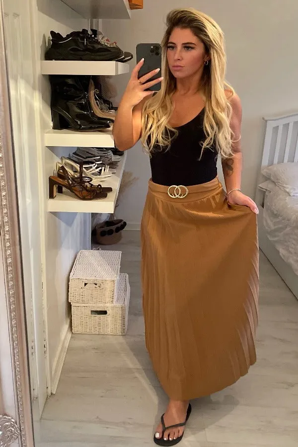 TAN PLEATED BUCKLE MAXI SKIRT