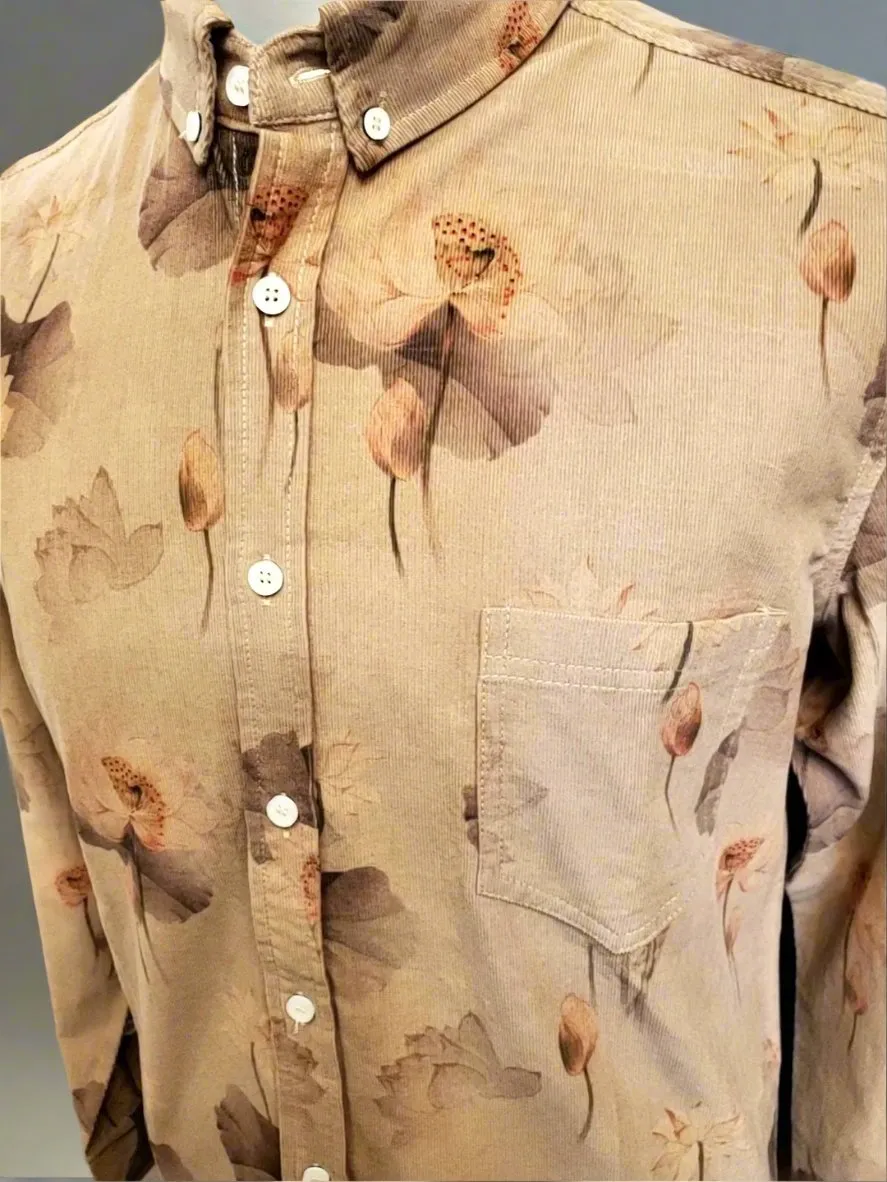 Tan w/ Large Flowers Corduroy LS Button Down