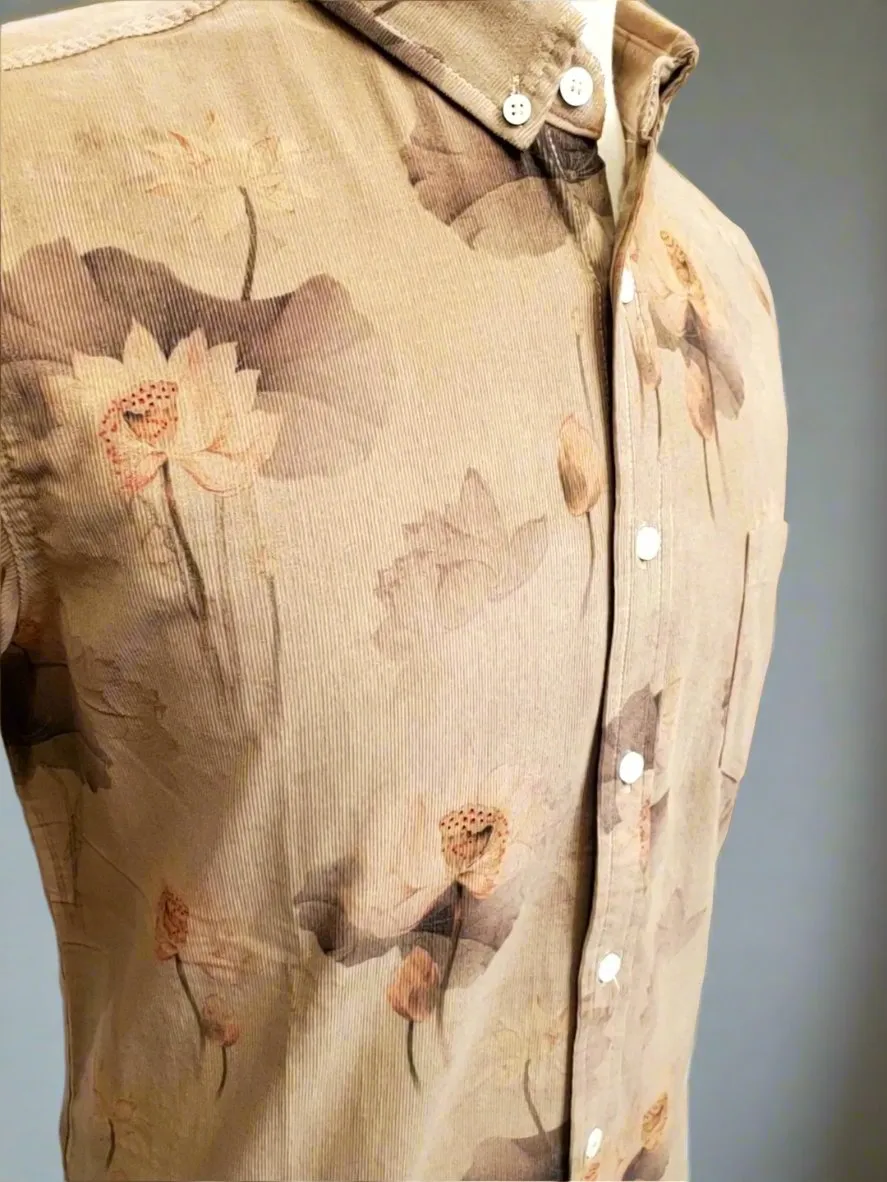 Tan w/ Large Flowers Corduroy LS Button Down