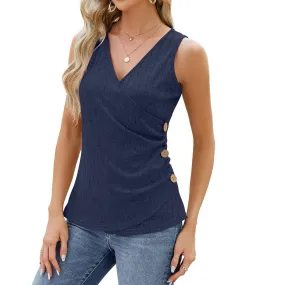 Tank Tops With Button Sleeveless V-neck Solid Color