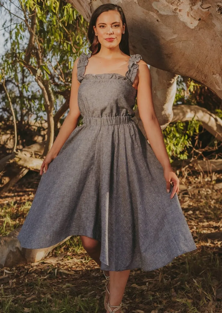 Vanna Ruffle Hemp Handkerchief Midi Dress in Grey