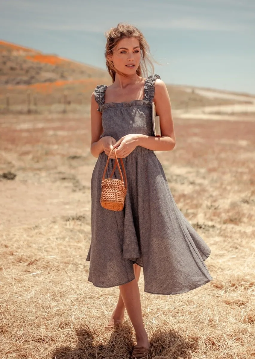 Vanna Ruffle Hemp Handkerchief Midi Dress in Grey