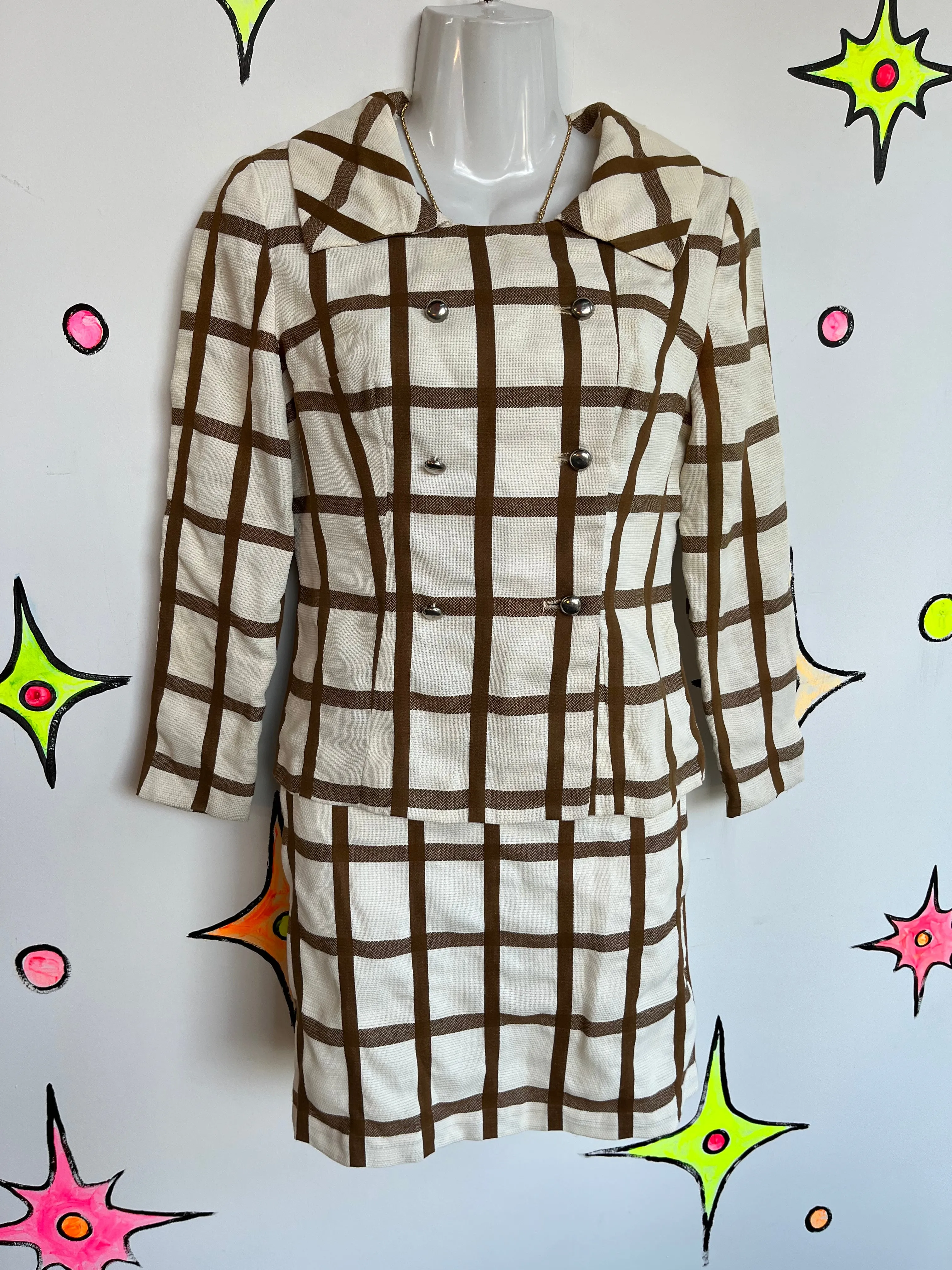 Vintage 1960s 60s | Brown and White GoGo Mod 2 piece Dress Suit | Size
