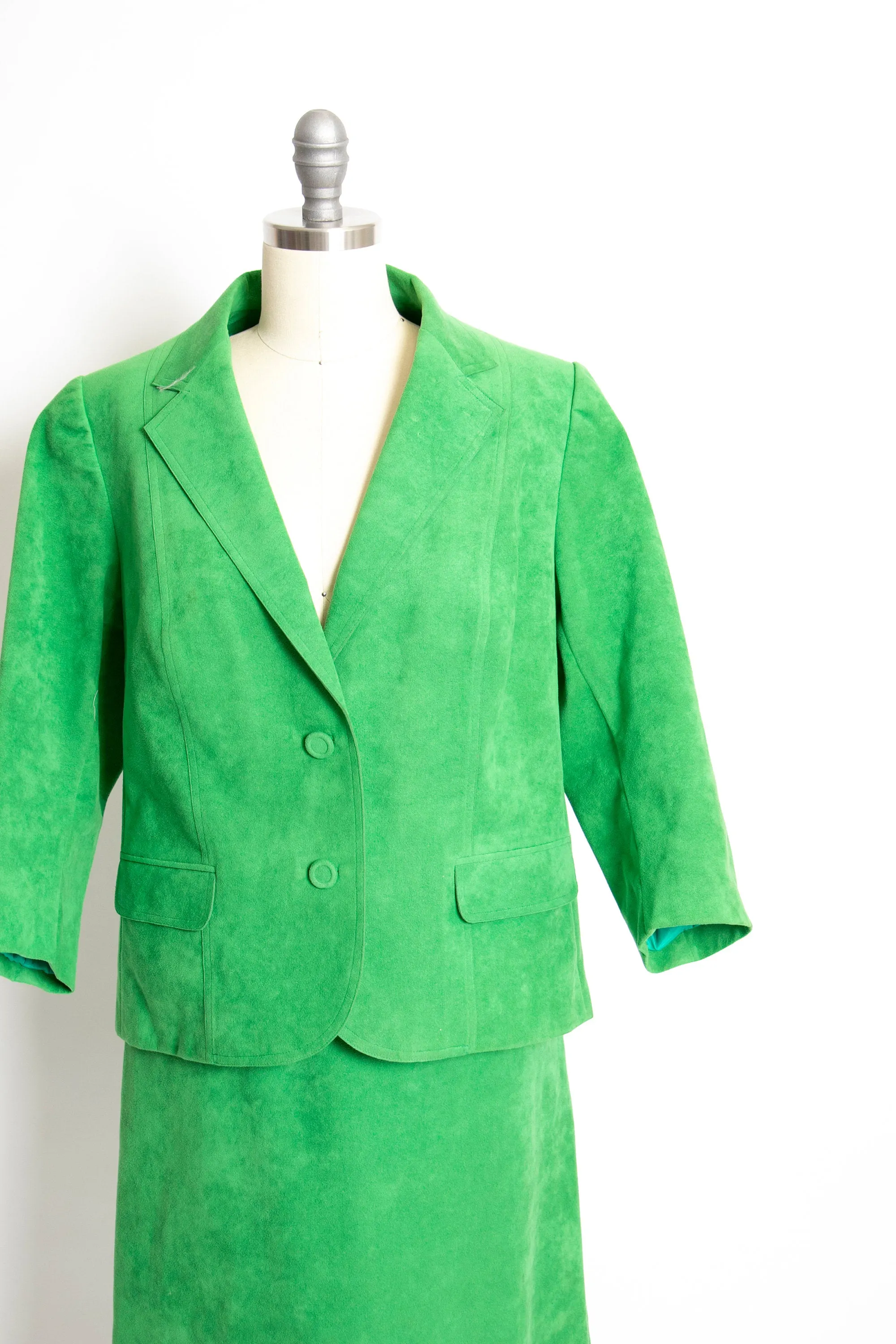 Vintage 1970s Suit Green Ultra Suede Skirt Jacket Set 70s Medium
