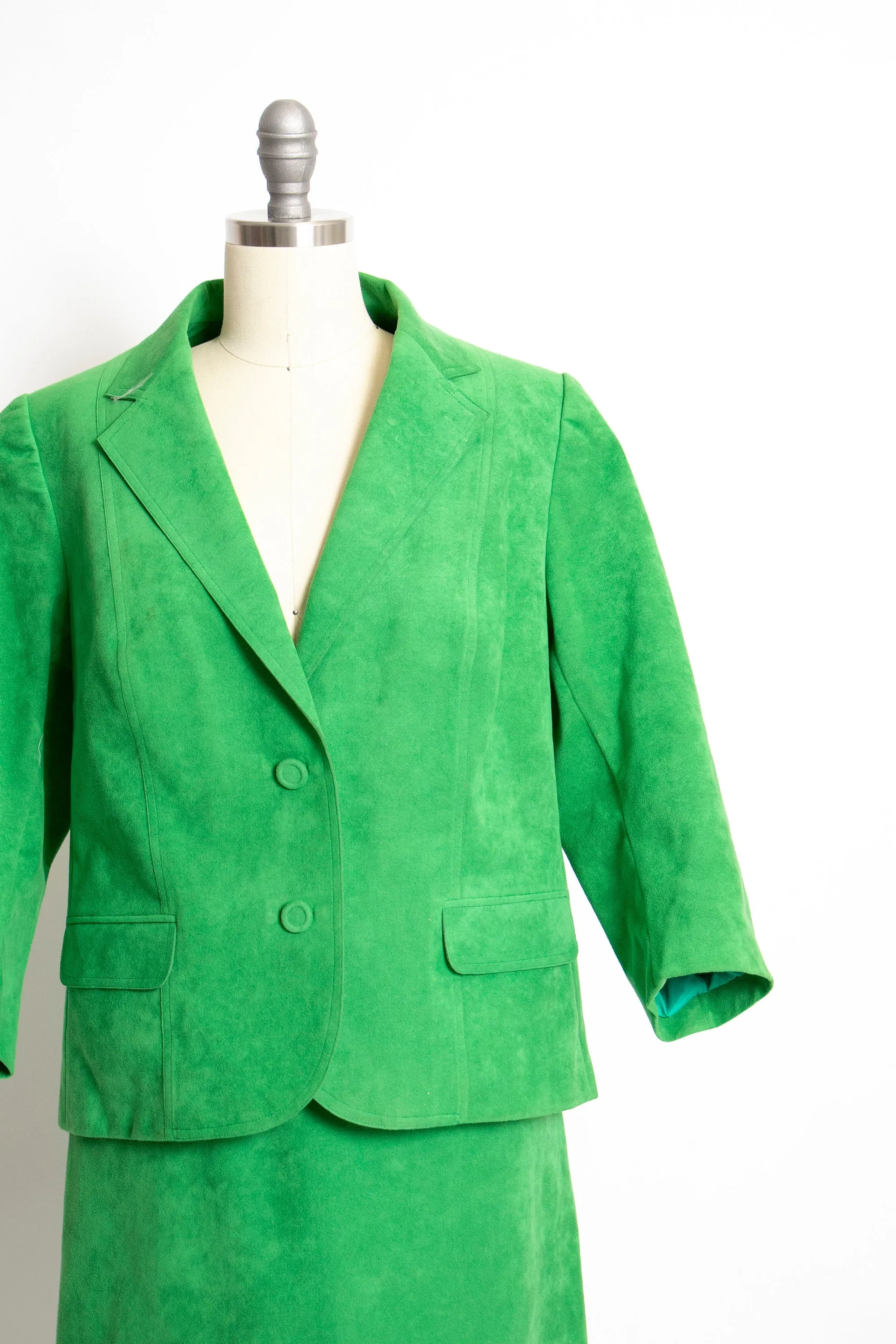 Vintage 1970s Suit Green Ultra Suede Skirt Jacket Set 70s Medium