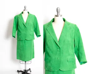 Vintage 1970s Suit Green Ultra Suede Skirt Jacket Set 70s Medium