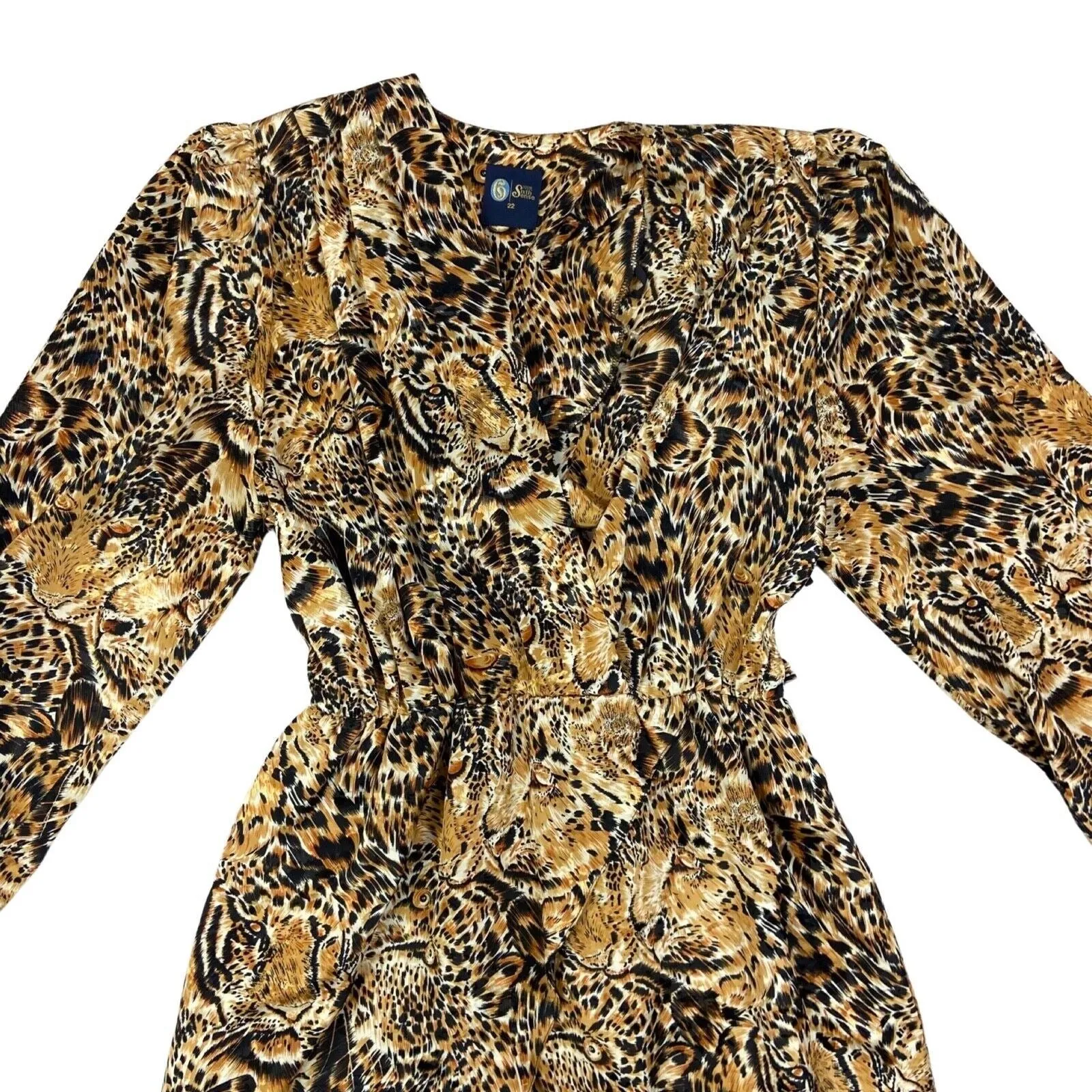 Vintage 80s Brown Orange Black Leopard Graphic Print Wrap Around Dress L