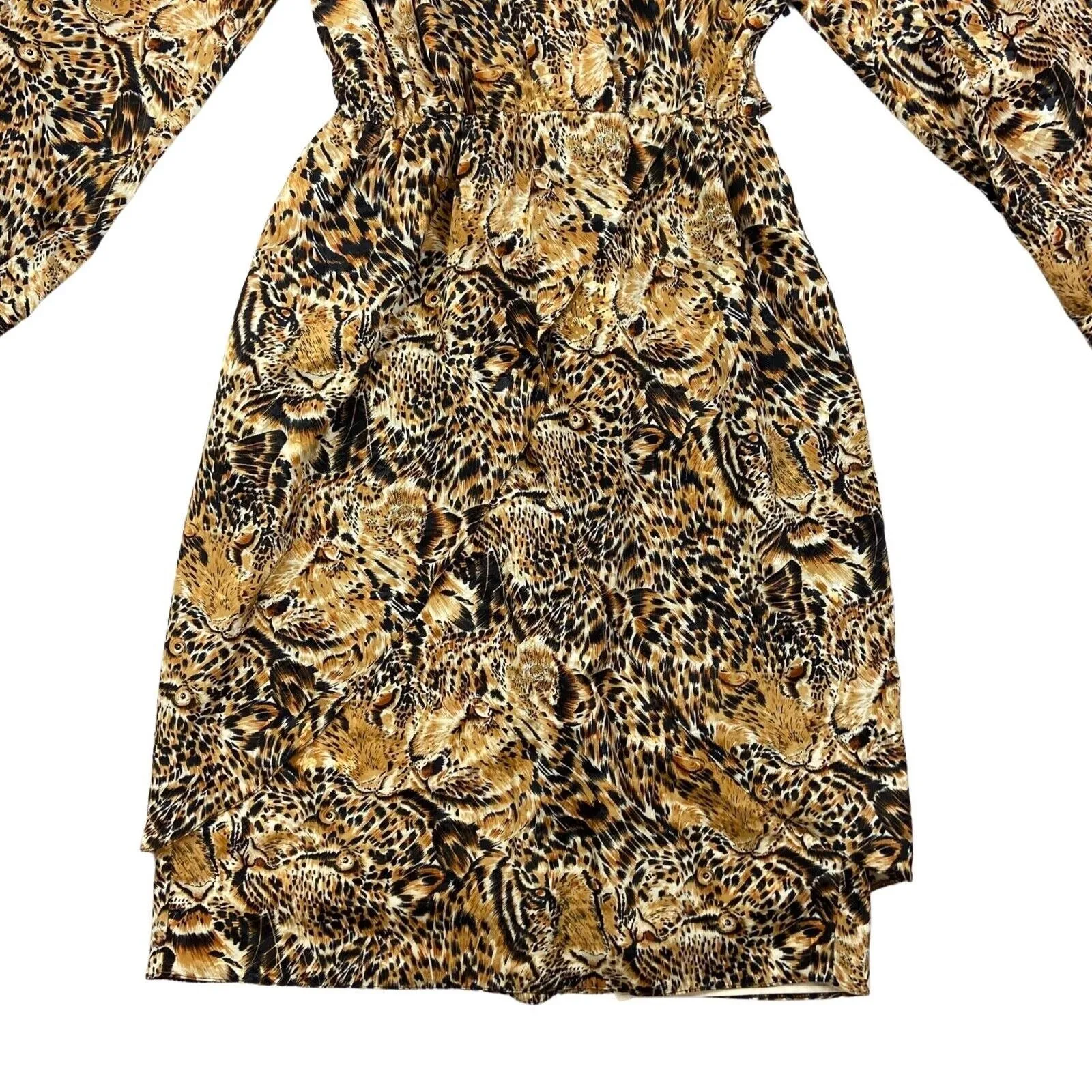Vintage 80s Brown Orange Black Leopard Graphic Print Wrap Around Dress L