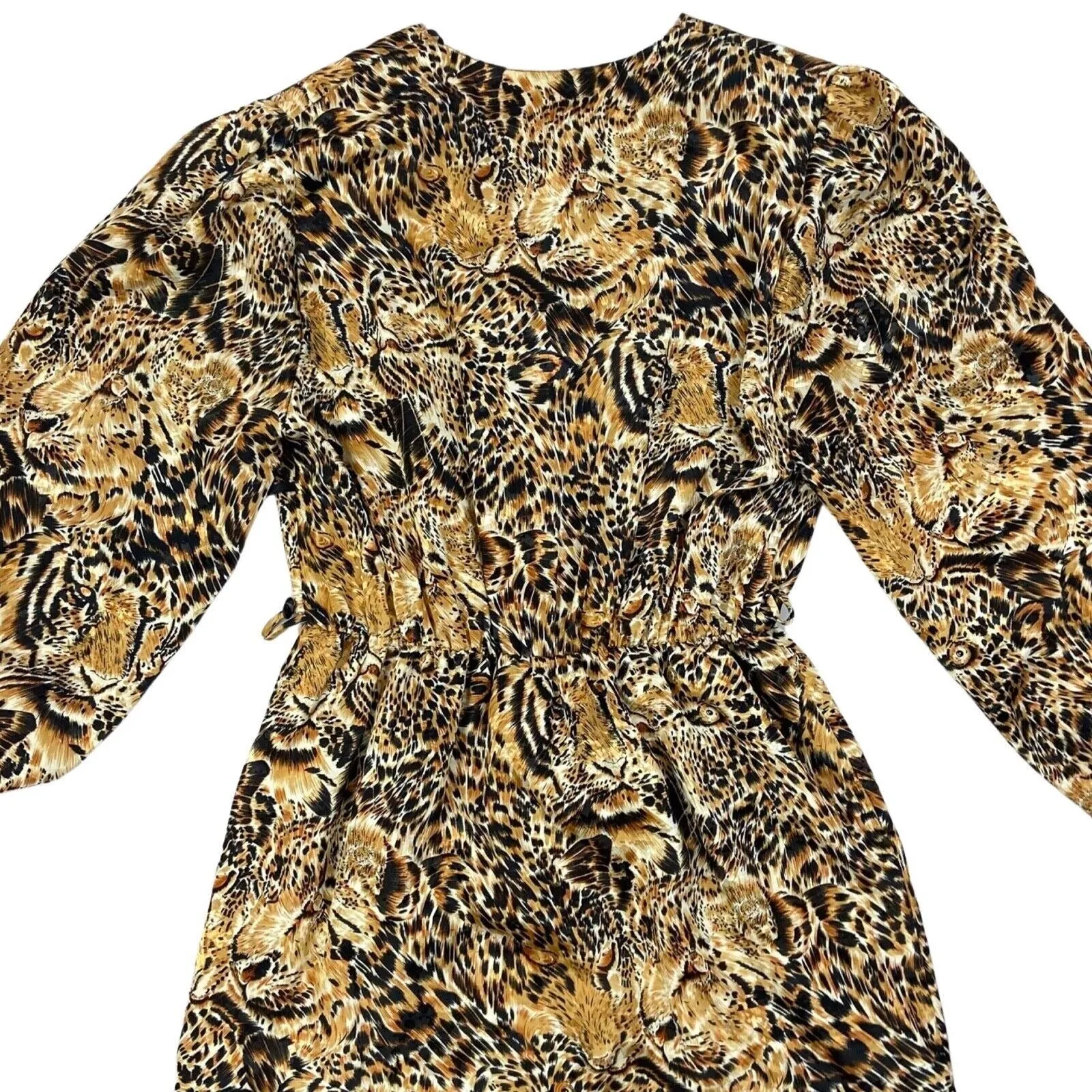 Vintage 80s Brown Orange Black Leopard Graphic Print Wrap Around Dress L